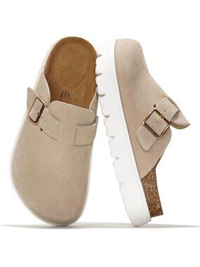 Women's Beige Genuine Leather Water Resistant Memory Foam Insole Platform Clogs